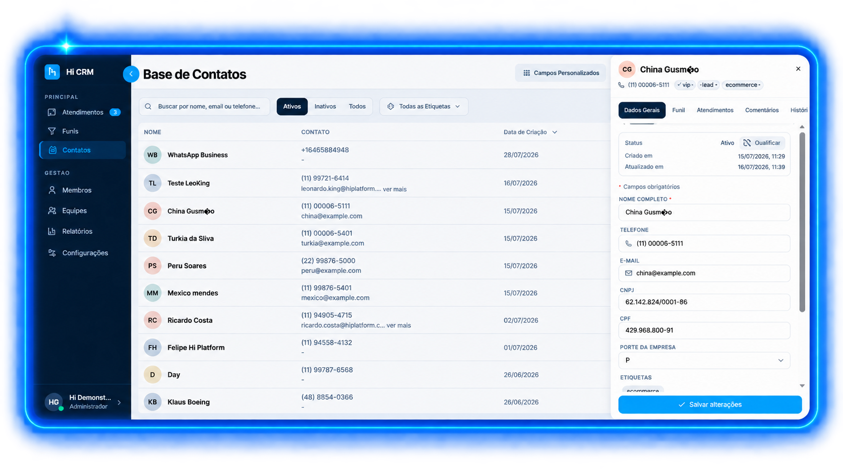 Interface Hi CRM exibindo a base de contatos com visão completa do relacionamento do cliente