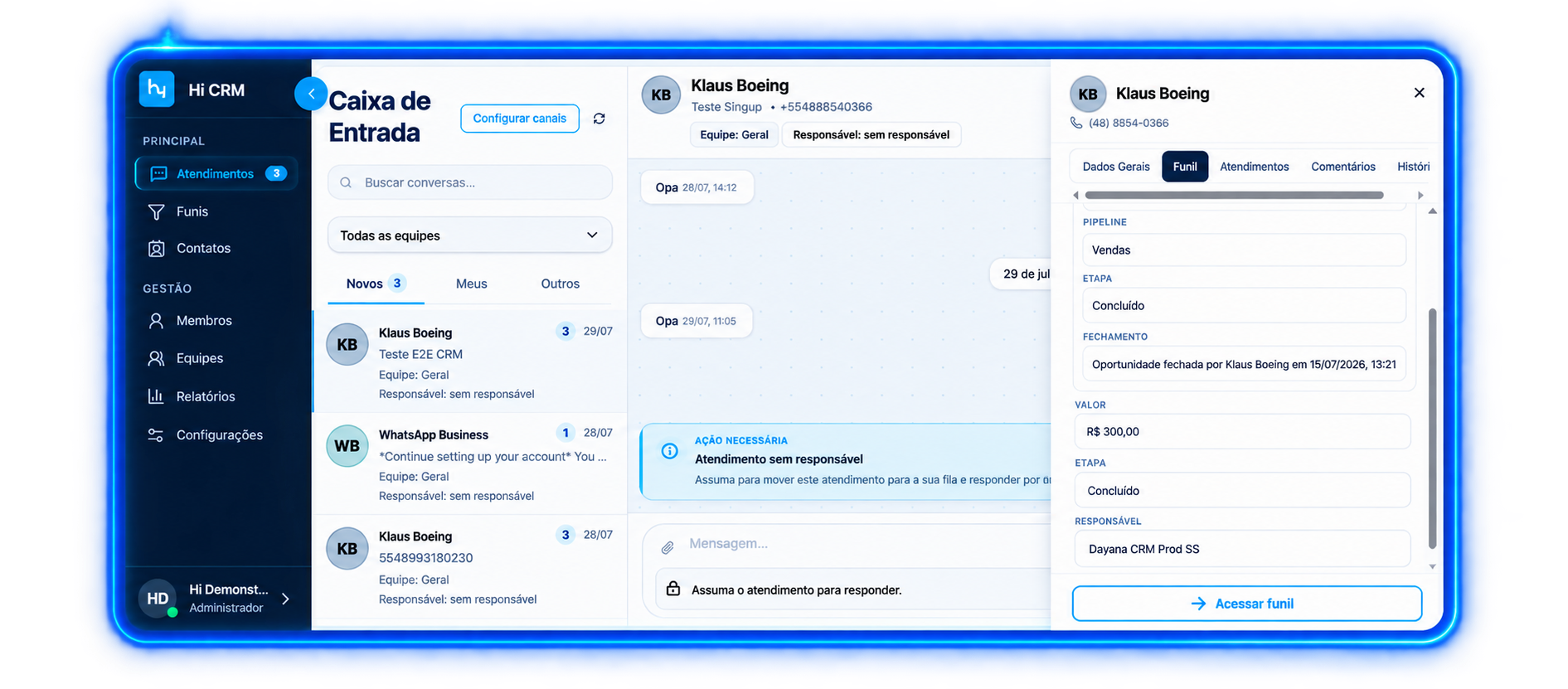 Interface do Hi CRM mostrando a Caixa de Entrada, conversas com clientes e painel de funil em tempo real.
